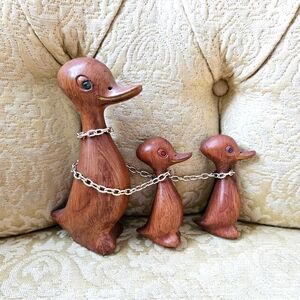 Vintage Kitsch Wood Ducks Rhinestone Eyes Mother Ducklings